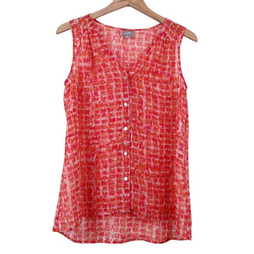 J Jill Size S Sheer Shell Top Button Abstract Print Orange Pink